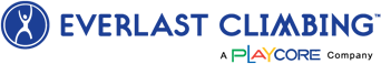 Logo of Everlast Climbing by PlayCore, featuring a blue circular icon with a stylized climber to the left of the text. "PlayCore" is displayed with colorful letters below the main text.