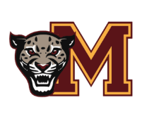 Logo featuring a stylized, roaring leopard head next to a large, bold letter "M" in maroon with gold outline. The leopard's expression is fierce, and its spots are detailed. The overall design conveys strength and school spirit.