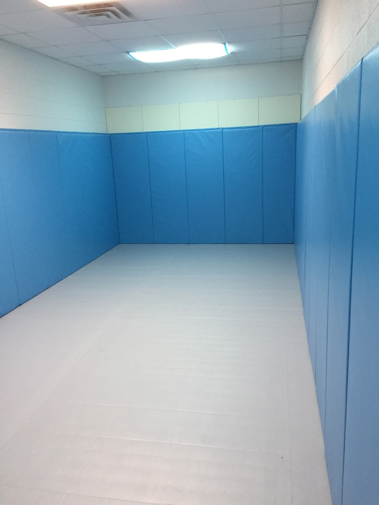 A room with walls and floor covered in blue padded mats. The lighting is bright and the ceiling has a rectangular light fixture. The space appears to be a gym or workout area designed for safety and impact absorption.