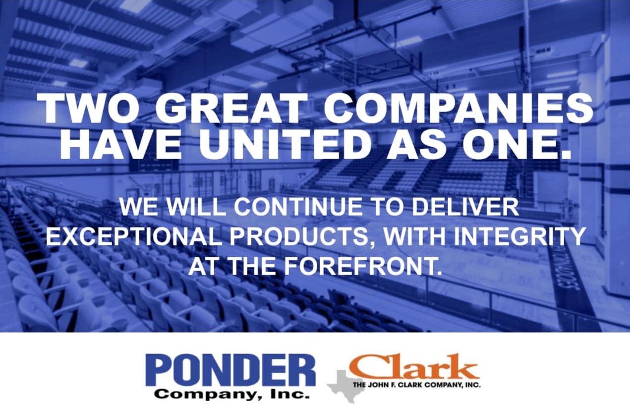 Text on image: "Two great companies have united as one. We will continue to deliver exceptional products, with integrity at the forefront." Logos at the bottom: Ponder Company, Inc. and The John C. Clark Company, Inc. Background: large industrial facility.