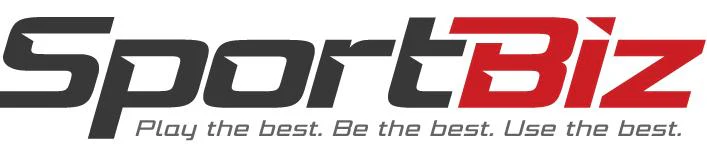 Logo with the text "SportBiz" in bold, with "Sport" in black and "Biz" in red. Below it reads "Play the best. Be the best. Use the best." in smaller black font.