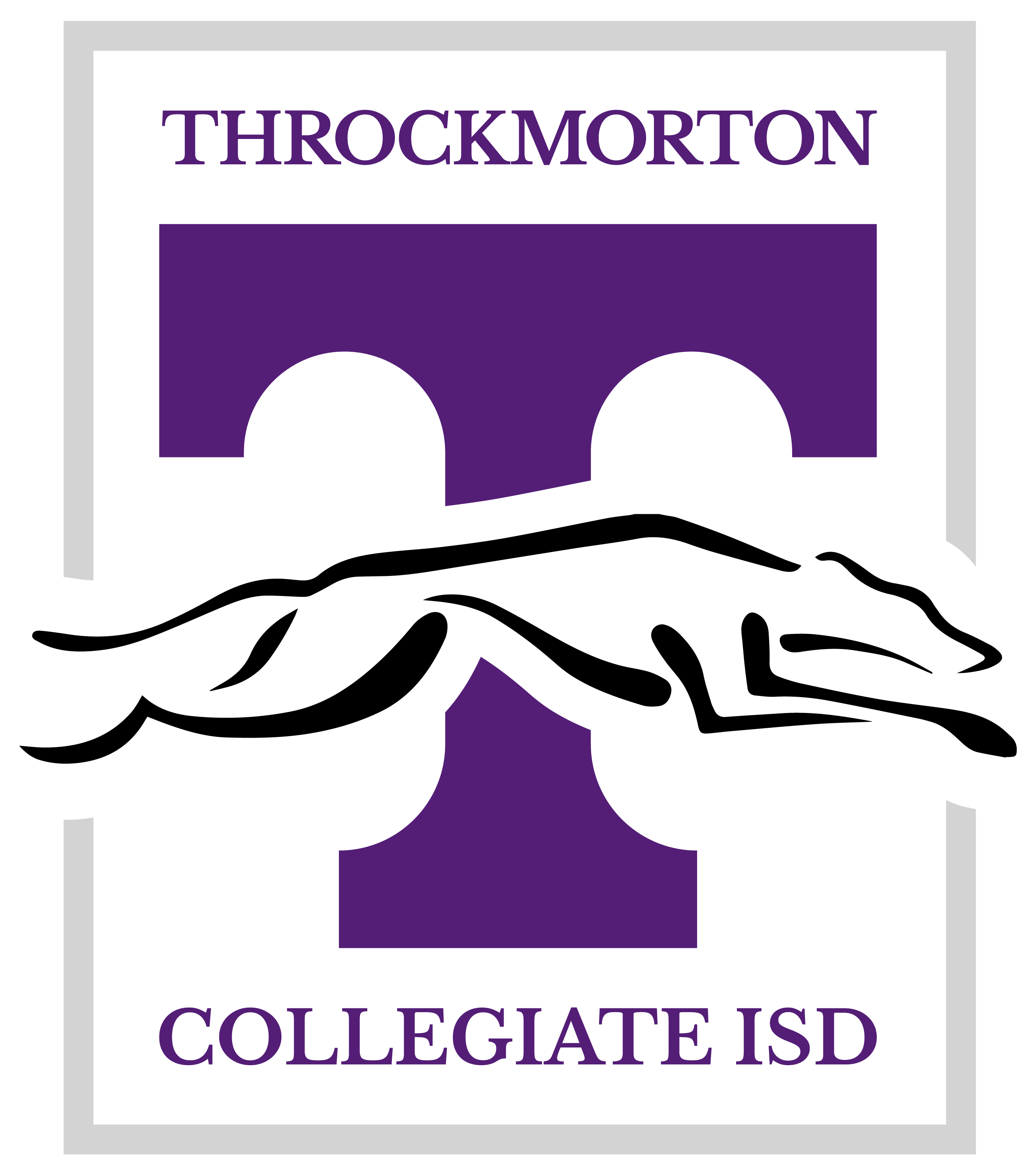 The logo features a large purple letter "T" with a stylized black panther silhouette in front. Above the panther, the text reads "Throckmorton" and below, "Collegiate ISD." The design is framed by a gray-bordered rectangle.